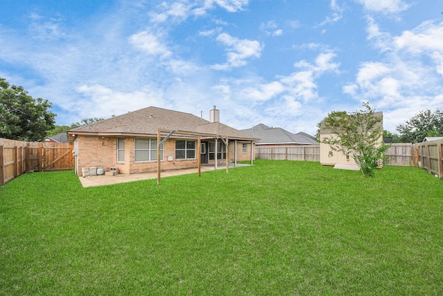 204 Audubon Woods Ct, Richwood, TX 77531 - rear view of property with a patio area, a fenced backyard, a chimney, a shed, and brick siding