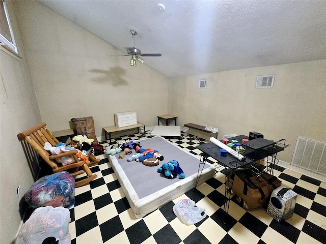 17415 Mallett St, Crosby, TX 77532 - game room featuring tile patterned floors, vaulted ceiling, and ceiling fan