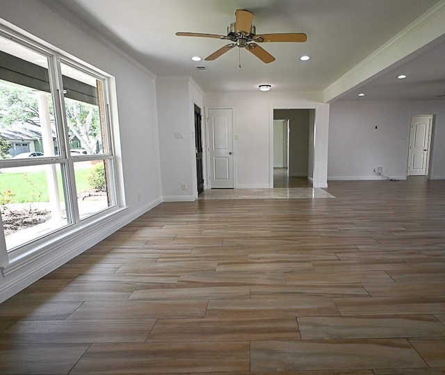 5035 Yarwell Dr, Houston, TX 77096 - unfurnished room featuring a ceiling fan, light wood-type flooring, recessed lighting, and crown molding