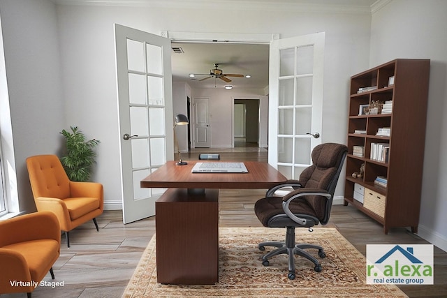 5035 Yarwell Dr, Houston, TX 77096 - home office with light wood finished floors, crown molding, french doors, and a ceiling fan