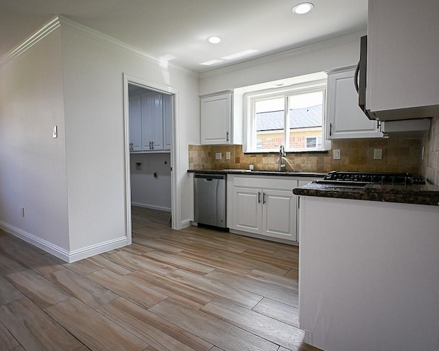 5035 Yarwell Dr, Houston, TX 77096 - kitchen with dishwasher, white cabinetry, tasteful backsplash, crown molding, and wood finish floors