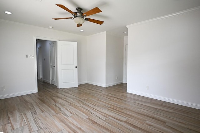 5035 Yarwell Dr, Houston, TX 77096 - unfurnished room with light wood-type flooring, ceiling fan, ornamental molding, and recessed lighting
