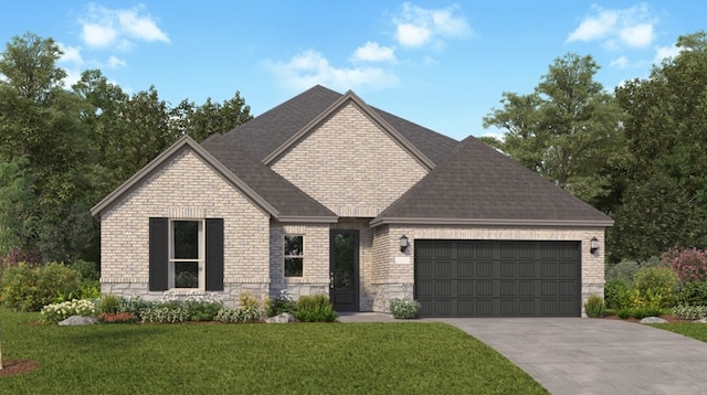 17910 Rillette Rd, Conroe, TX 77302 - french country home with a garage, driveway, a front yard, and brick siding