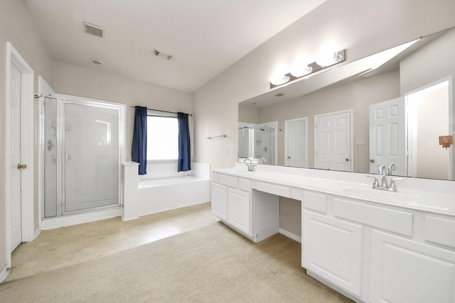 24219 Camillia Ridge Way, Katy, TX 77493 - bathroom with a stall shower, double vanity, a garden tub, and carpet flooring