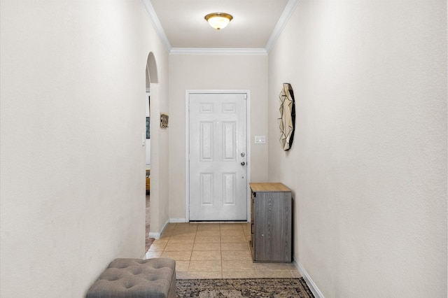 9127 Sasson Blvd, Houston, TX 77044 - doorway to outside with crown molding, arched walkways, and light tile patterned floors