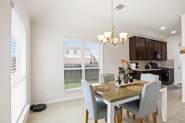 9127 Sasson Blvd, Houston, TX 77044 - dining space with a chandelier, plenty of natural light, vaulted ceiling, light tile patterned flooring, and recessed lighting