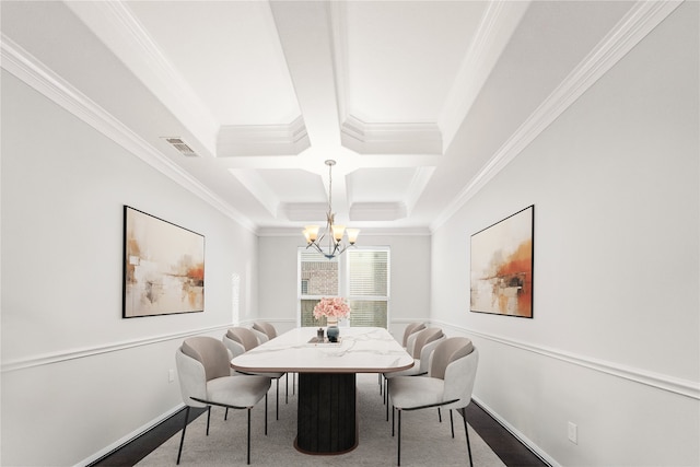 2131 Acadian Way, Brookshire, TX 77423 - dining space with ornamental molding, coffered ceiling, a chandelier, and beamed ceiling