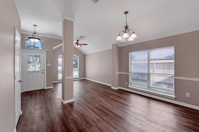 461 Cumberland Trl, Conroe, TX 77302 - foyer featuring dark wood finished floors, decorative columns, ornamental molding, ceiling fan, and lofted ceiling