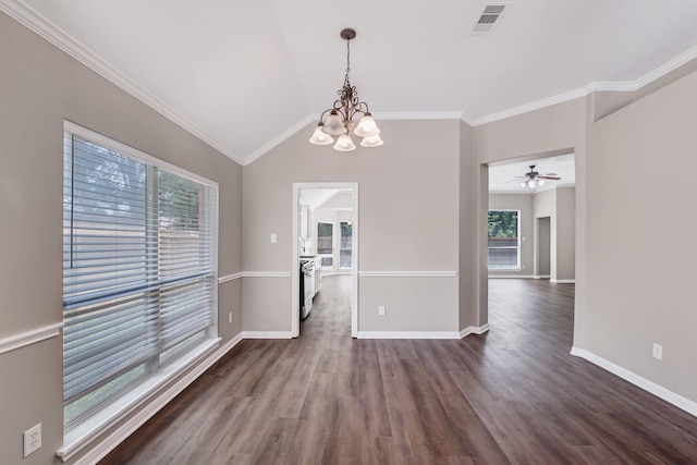 461 Cumberland Trl, Conroe, TX 77302 - unfurnished dining area with a chandelier, crown molding, dark wood-style flooring, vaulted ceiling, and a ceiling fan