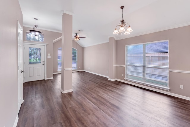 461 Cumberland Trl, Conroe, TX 77302 - entrance foyer featuring ornamental molding, dark wood-type flooring, ceiling fan, and vaulted ceiling