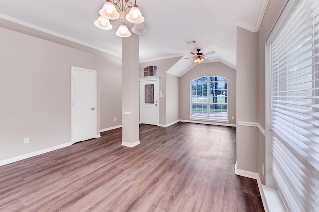 461 Cumberland Trl, Conroe, TX 77302 - unfurnished living room with a chandelier, wood finished floors, ceiling fan, and ornamental molding