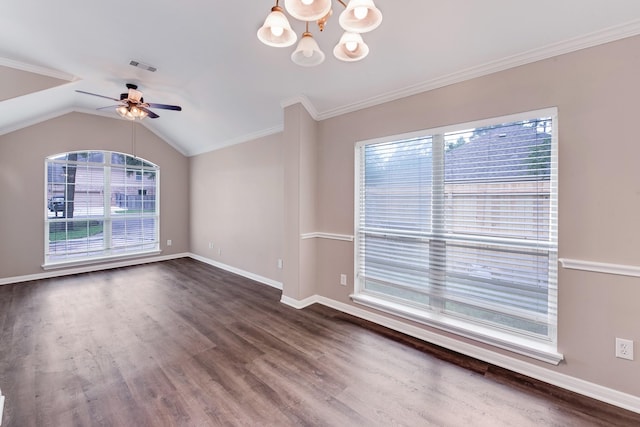 461 Cumberland Trl, Conroe, TX 77302 - spare room with ceiling fan, dark wood-type flooring, a chandelier, crown molding, and vaulted ceiling
