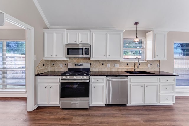 461 Cumberland Trl, Conroe, TX 77302 - kitchen featuring appliances with stainless steel finishes, crown molding, white cabinets, and dark wood-type flooring