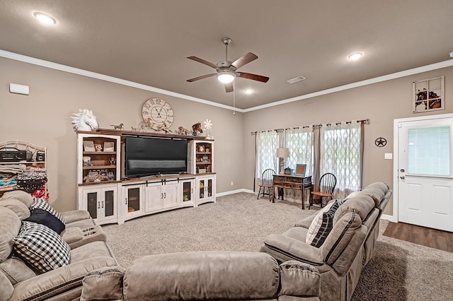 2234 Shalmar Dr, West Columbia, TX 77486 - living area with ceiling fan, ornamental molding, and recessed lighting