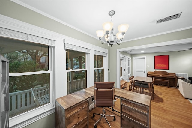 1621 Cherryhurst St, Houston, TX 77006 - office with a chandelier, wood finished floors, ornamental molding, and plenty of natural light