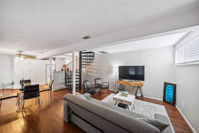 1621 Cherryhurst St, Houston, TX 77006 - living area with stairway, wood finished floors, and ceiling fan