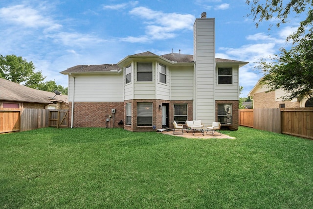 235 Cedar Elm Ln, Sugar Land, TX 77479 - rear view of property featuring brick siding, a fenced backyard, a patio, and a chimney