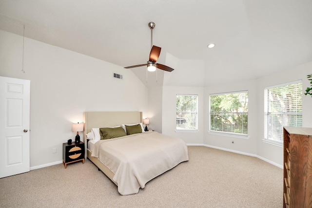 235 Cedar Elm Ln, Sugar Land, TX 77479 - bedroom featuring multiple windows, light carpet, vaulted ceiling, and ceiling fan