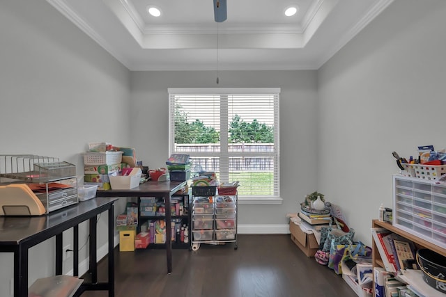 31268 New Forest Park Ln, Spring, TX 77386 - bedroom with wood finished floors, a raised ceiling, ornamental molding, and recessed lighting
