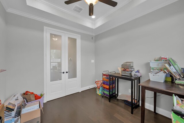 31268 New Forest Park Ln, Spring, TX 77386 - rec room with french doors, wood finished floors, crown molding, ceiling fan, and a tray ceiling