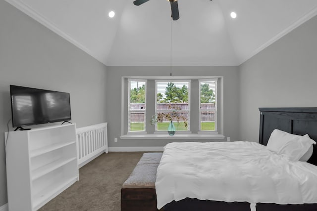 31268 New Forest Park Ln, Spring, TX 77386 - carpeted bedroom featuring recessed lighting, a ceiling fan, and high vaulted ceiling