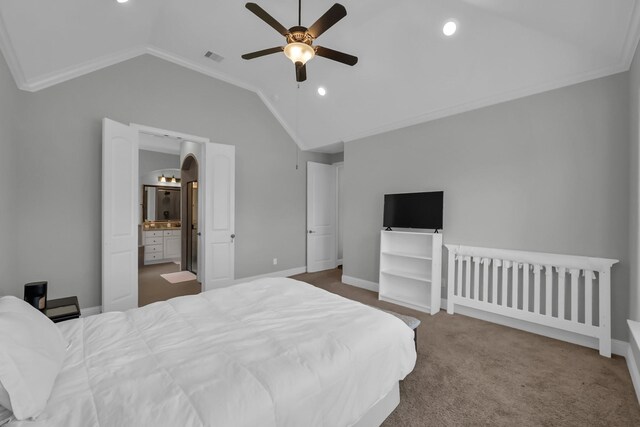 31268 New Forest Park Ln, Spring, TX 77386 - carpeted bedroom featuring vaulted ceiling, recessed lighting, ensuite bathroom, ceiling fan, and ornamental molding