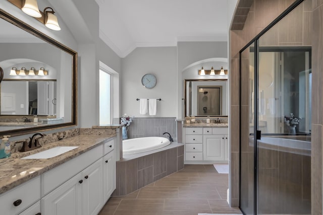 31268 New Forest Park Ln, Spring, TX 77386 - full bath with crown molding, two vanities, a bath, and a shower stall