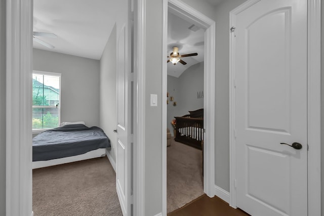 31268 New Forest Park Ln, Spring, TX 77386 - bedroom featuring dark colored carpet, a ceiling fan, and vaulted ceiling