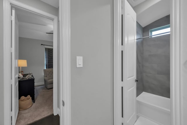 31268 New Forest Park Ln, Spring, TX 77386 - bathroom with bathtub / shower combination and vaulted ceiling