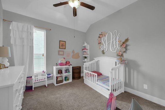 31268 New Forest Park Ln, Spring, TX 77386 - bedroom featuring carpet floors, a nursery area, lofted ceiling, and ceiling fan