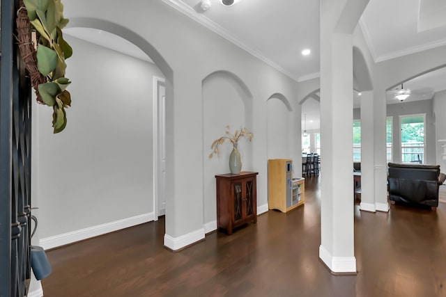 31268 New Forest Park Ln, Spring, TX 77386 - foyer with arched walkways, wood finished floors, recessed lighting, a ceiling fan, and crown molding