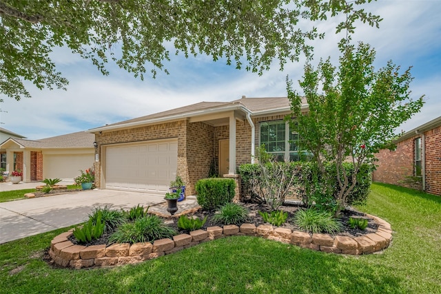 5830 Acacia Rose Ct, Richmond, TX 77407 - ranch-style house with brick siding, concrete driveway, a front yard, and an attached garage