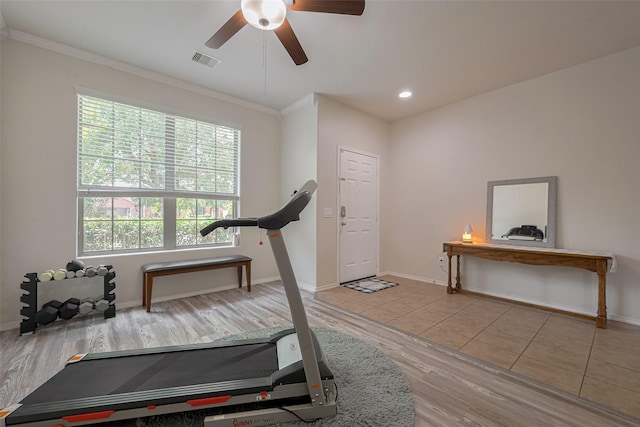 5830 Acacia Rose Ct, Richmond, TX 77407 - exercise area featuring a ceiling fan, wood finished floors, and ornamental molding