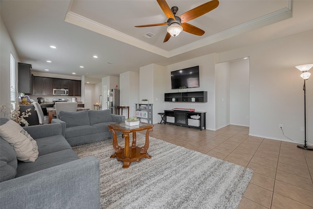 5830 Acacia Rose Ct, Richmond, TX 77407 - living room featuring light tile patterned floors, a tray ceiling, ceiling fan, ornamental molding, and recessed lighting