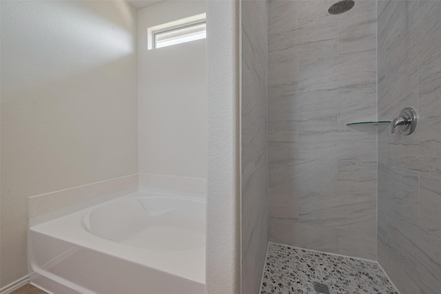 5830 Acacia Rose Ct, Richmond, TX 77407 - bathroom featuring a garden tub and a tile shower