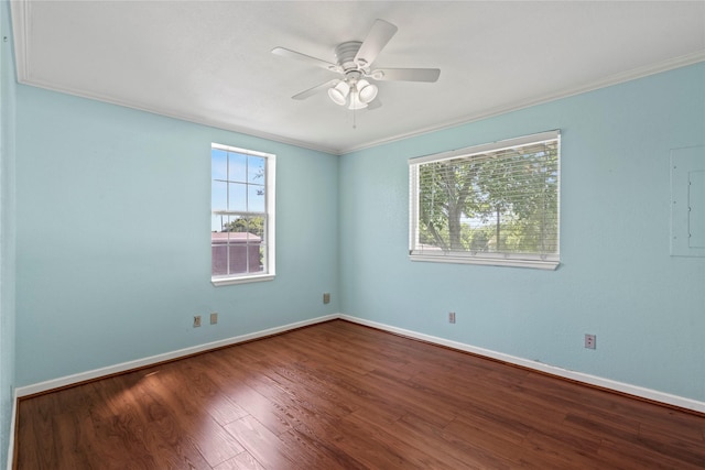 119 8th St, San Leon, TX 77539 - empty room with plenty of natural light, dark wood-style floors, crown molding, a ceiling fan, and electric panel