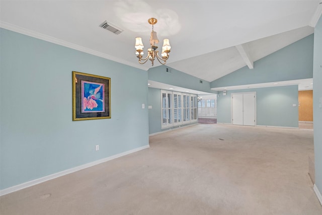 12 E Dansby Dr, Galveston, TX 77551 - spare room featuring a chandelier, light colored carpet, beam ceiling, and high vaulted ceiling