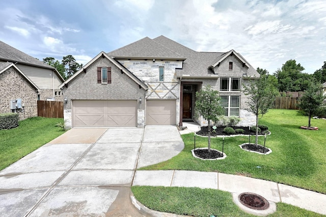 9002 Lacombe Ln, Tomball, TX 77375 - view of front facade with concrete driveway, a garage, brick siding, and a shingled roof