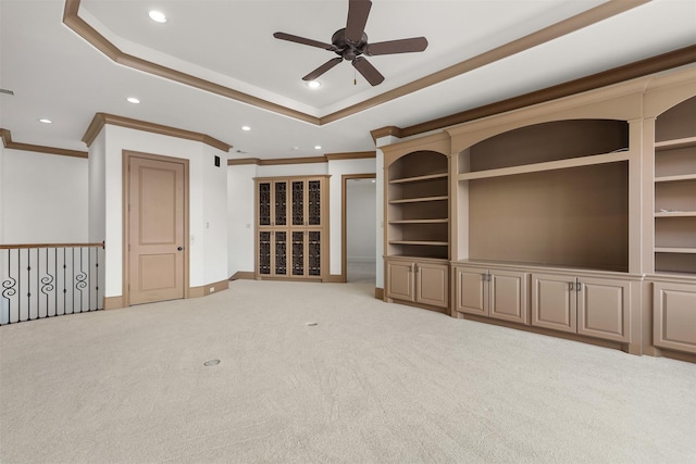 3045 S Island Dr, Seabrook, TX 77586 - unfurnished living room featuring crown molding, recessed lighting, a ceiling fan, carpet, and a tray ceiling