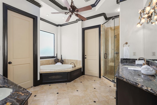 3045 S Island Dr, Seabrook, TX 77586 - bathroom featuring double vanity, crown molding, a stall shower, a bath, and a ceiling fan
