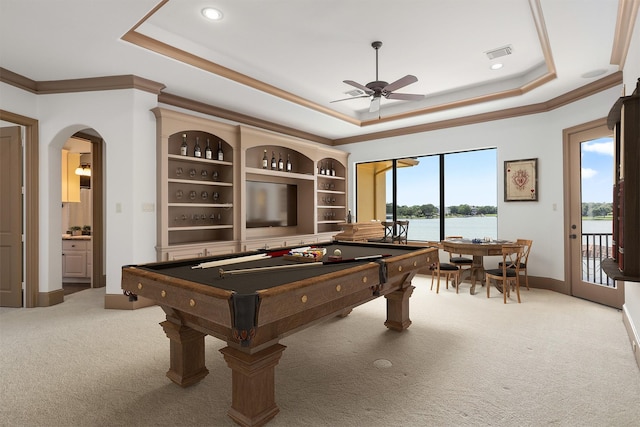 3045 S Island Dr, Seabrook, TX 77586 - playroom featuring a raised ceiling, carpet floors, ceiling fan, billiards table, and ornamental molding