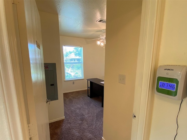 13023 Pleasant Valley Dr, Rosharon, TX 77583 - hall with electric panel, dark colored carpet, and a textured ceiling