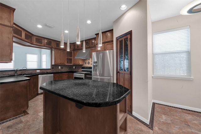 4406 Park Trail Ln, Pasadena, TX 77505 - kitchen with appliances with stainless steel finishes, open shelves, glass insert cabinets, a center island, and pendant lighting