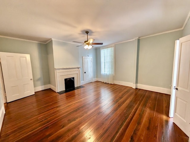 309 E Robert Toombs Ave, Washington, GA 30673 - unfurnished living room featuring ceiling fan, dark wood-style floors, a fireplace, and crown molding