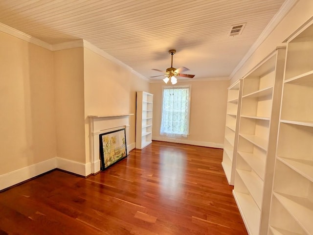 309 E Robert Toombs Ave, Washington, GA 30673 - unfurnished living room with a ceiling fan, wood finished floors, a fireplace, ornamental molding, and wooden ceiling