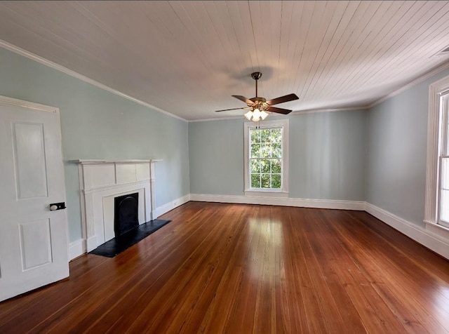 309 E Robert Toombs Ave, Washington, GA 30673 - unfurnished living room with dark wood-style floors, ceiling fan, a fireplace, and ornamental molding