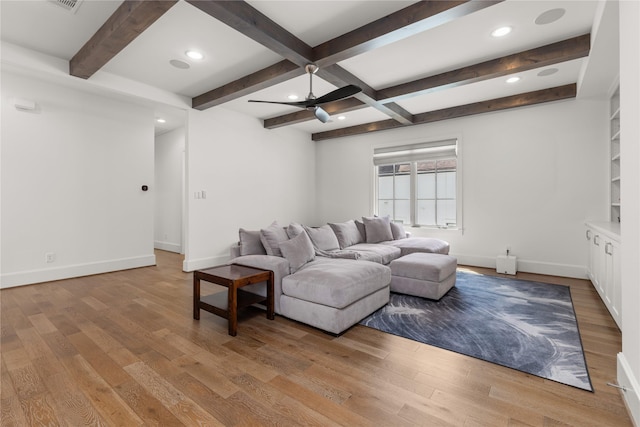 2324 Albans Rd, Houston, TX 77005 - living area featuring wood finished floors, a ceiling fan, beam ceiling, and recessed lighting