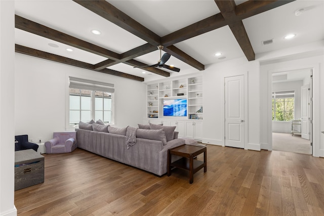 2324 Albans Rd, Houston, TX 77005 - living area with hardwood / wood-style flooring, beam ceiling, recessed lighting, a ceiling fan, and coffered ceiling