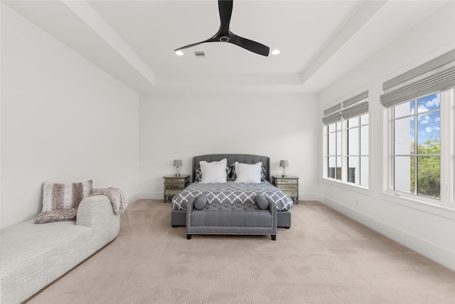 2324 Albans Rd, Houston, TX 77005 - carpeted bedroom featuring a raised ceiling, ceiling fan, and recessed lighting