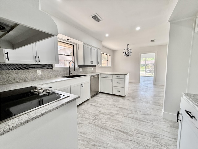 4015 Leeshire Dr, Houston, TX 77025 - kitchen featuring stainless steel dishwasher, extractor fan, black electric stovetop, decorative backsplash, and a peninsula